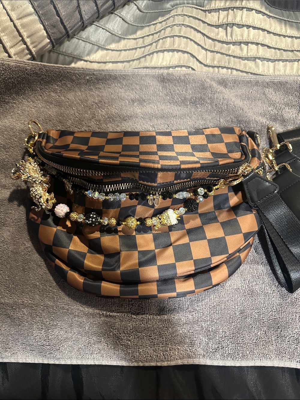Checkerboard Brown and Black Women’s Crossbody Bag with Beaded Accent